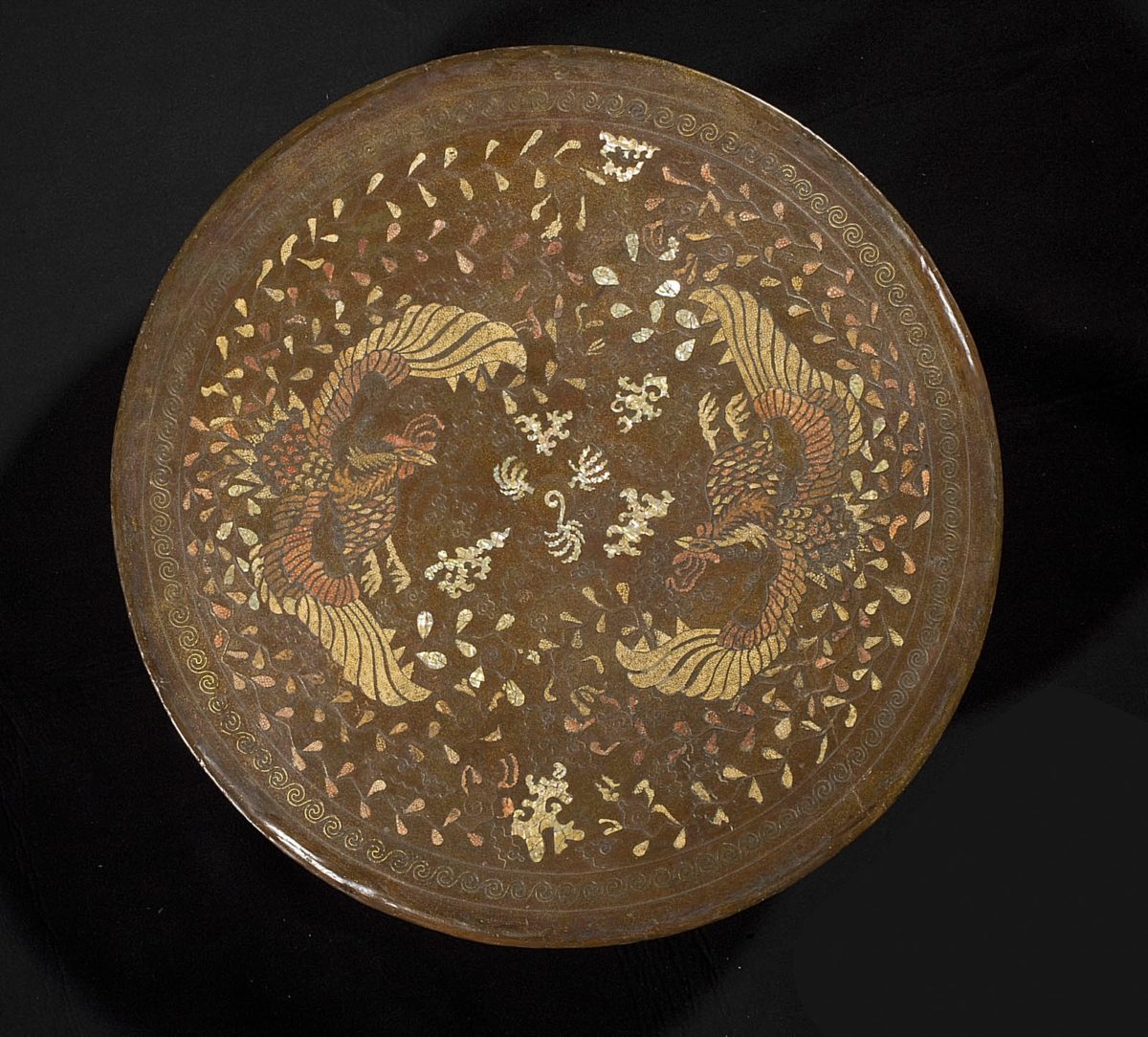 Top view of a Korean lacquer table showing two phoenixes