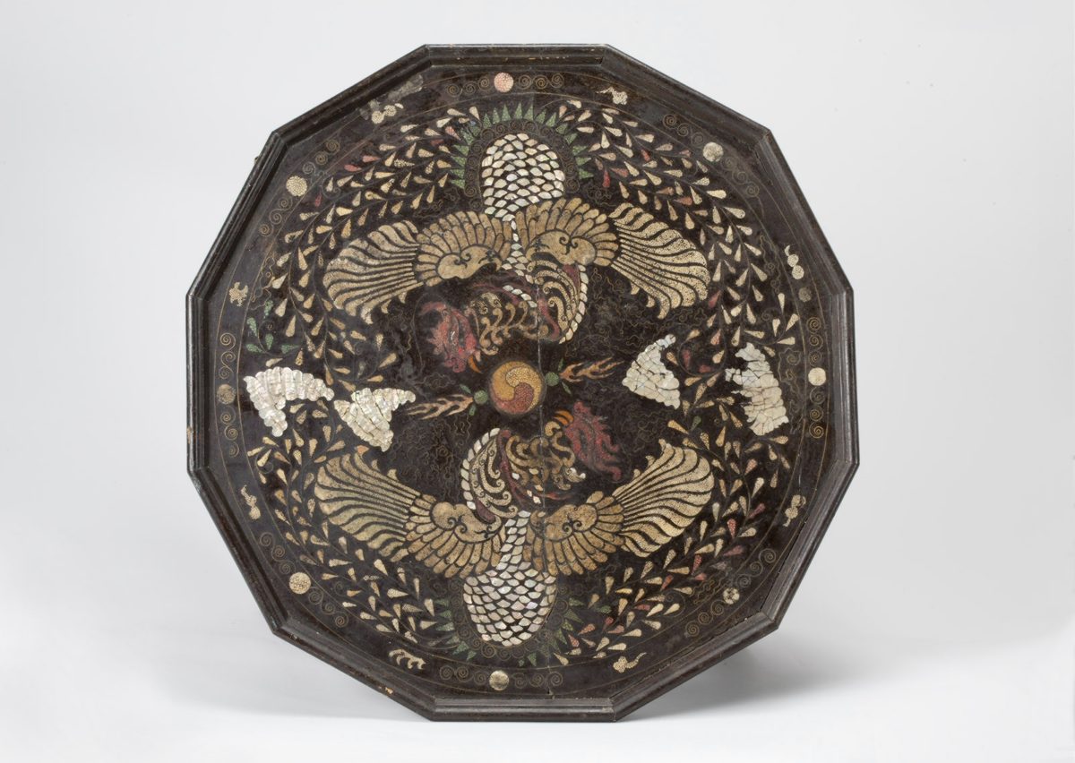 Top view of a Korean lacquer table showing two phoenixes