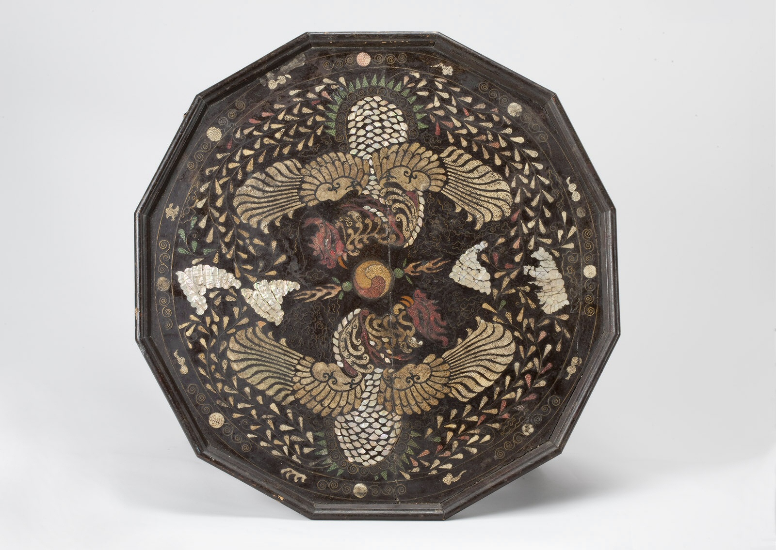 Top view of a Korean lacquer table showing two phoenixes